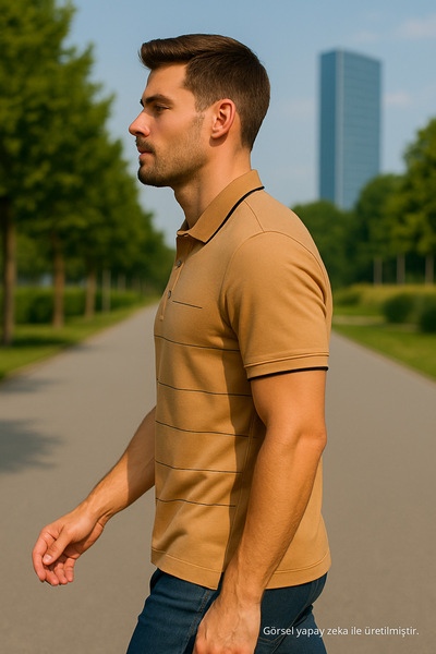Maccali Men's Striped Cotton Camel Polo Neck Basic T-Shirt