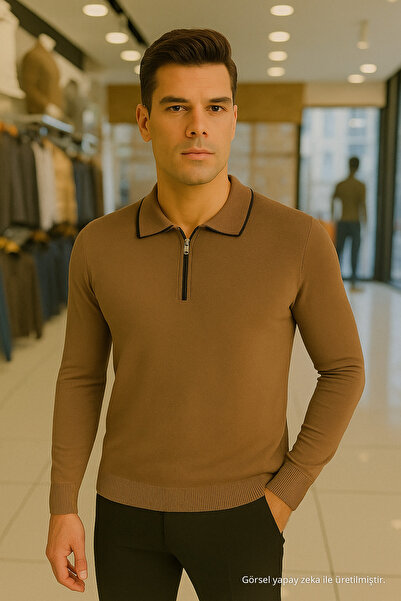 Maccali Men's Trend Zippered Long Sleeve Camel Polo Neck Sweater