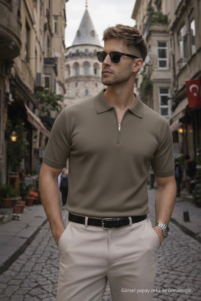 Maccali Erkek Basic Fermuarlı Relax Fit Kahve Polo Yaka Tişört