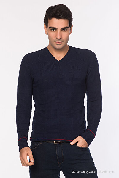 Maccali Men's Navy Blue Patterned Knitwear Sweater 1090