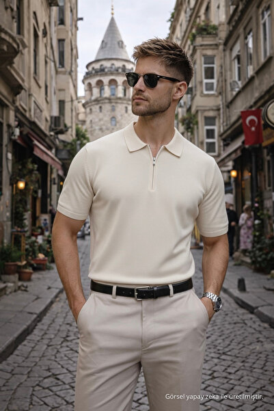 Maccali Erkek Basic Fermuarlı Relax Fit Bej Polo Yaka Tişört