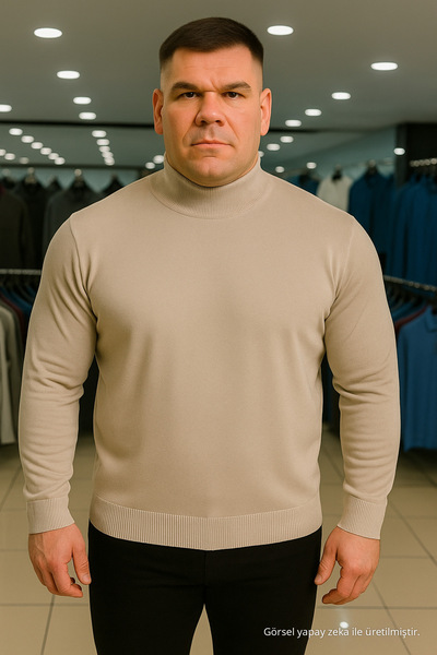 Maccali Erkek Büyük Beden Boğazlı Bol Krem Sweat Triko Kazak