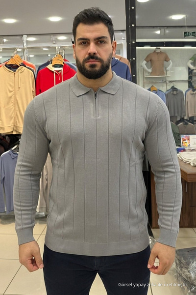 Maccali Erkek Kışlık Büyük Beden Gri Fermuarlı Sweatshirt