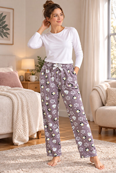 FORMO Kadın Mor Penguenli Polar Cepli Kışlık Kalın Kaliteli Pijama Altı