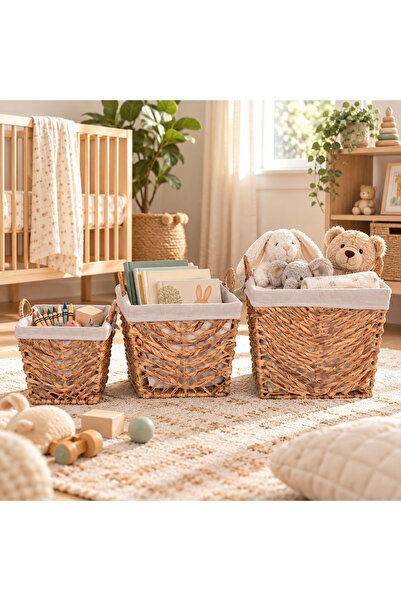 Bahçem Decorative Multi-Purpose Water Hyacinth Organizer Basket Set of 3