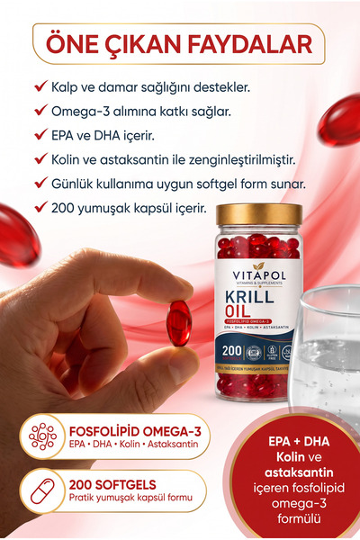 Vitapol Krill Oil Astaxanthin, Choline, Phosphatidylserine, Omega3, Epa Dha 200 Softgels Gluten Free