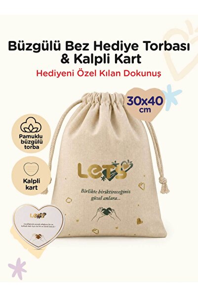 Lets Büzgülü Bez Hediye Torbası ve Kalpli Hediye Kartı Seti 30x40 cm Doğum Gü...