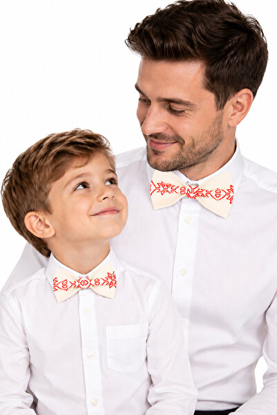 Atelier Anca Socolovschi Set tată-fiu, papioane albe cu model tradițional