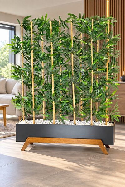 Bahçem Ahşap 1mt Saksılı 10gövde 180cm Yapay Yapraklı Dekoratif Bambu Seperatör Modern Ayaklı Tasarım Saksı