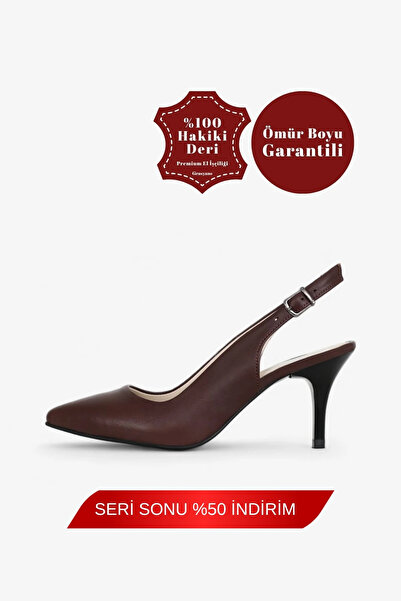 Hakiki Deri Sandalet Kahverengi Konforlu Yumuşak Gerçek Deri Arkası Açık 7,5 Cm Stiletto Sandalet