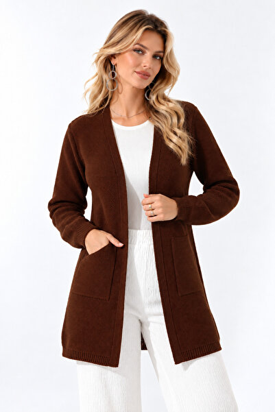 Marvine Women's Brown Comfortable Fit Knitwear Cardigan with Pockets