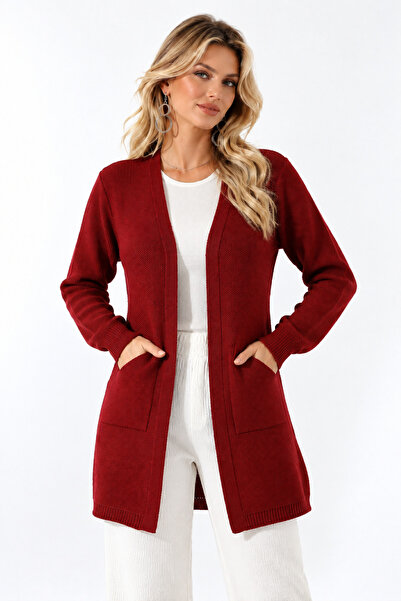 Marvine Women's Burgundy Comfortable Fit Pocket Knitwear Cardigan