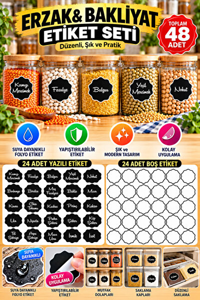 1001 sticker Erzak & Bakliyat Etiket Seti – 48 Adet | Suya Dayanıklı