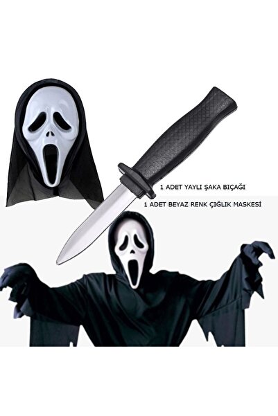 partidolu Kapüşonlu İnce Çığlık Ghost Scream Maskesi ve İçine Kaçan Şaka Bıça...