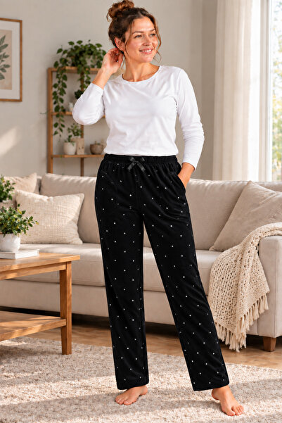 FORMO Kadın Siyah Polar Cepli Kışlık Kalın Kaliteli Pijama Altı