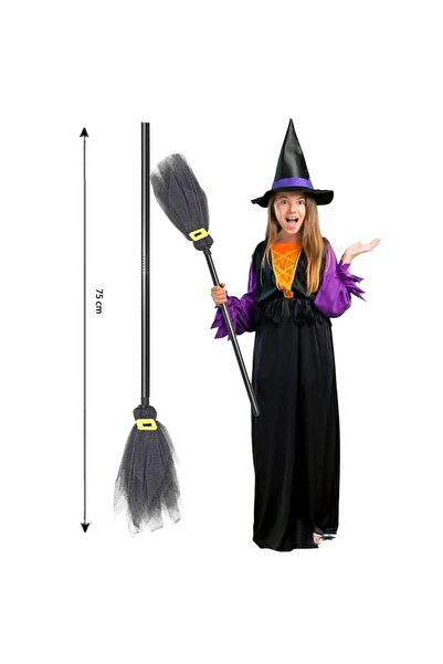 partidolu Halloween Yetişkin Çocuk Uyumlu 75 cm Tüllü Cadı Süpürgesi Siyah Re...