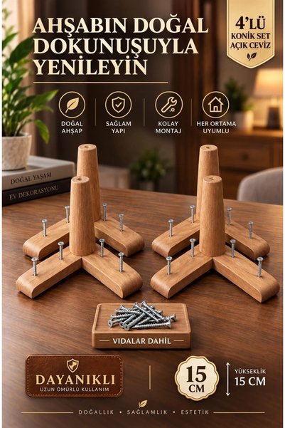 LEGORA WOOD DESİNG 15 cm Konik Açık Ceviz 4'lü Set Ahşap Mobilya Ayağı 1. Sın...