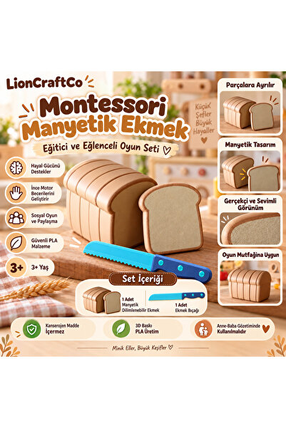 LionCraftCo Montessori Manyetik Dilimlenebilir Ekmek Oyuncağı ve Ekmek Bıçağı...