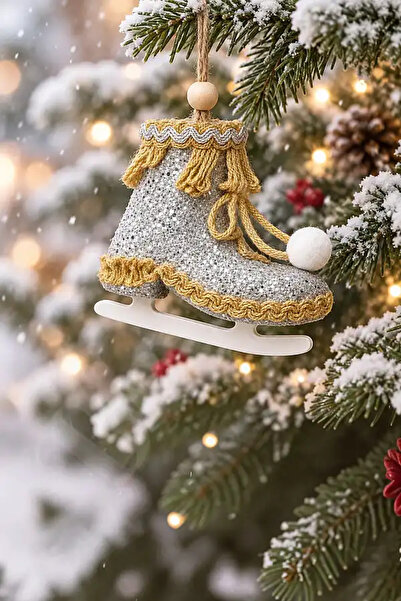 BeySüS Christmas Pine Tree Ornament Glitter Ice Skating Silver