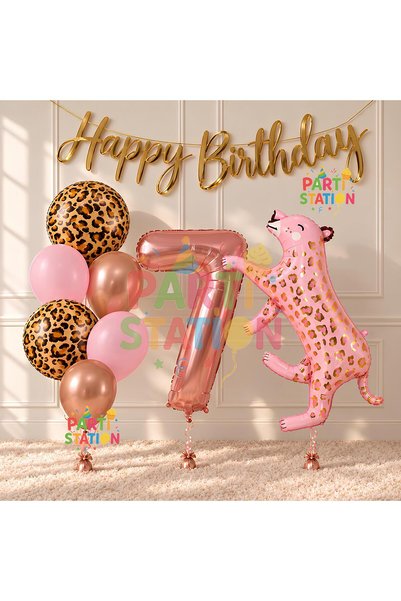 Parti Station Pink Leopard 7 Years Old Balloon Set Safari Leopard Birthday Pa...