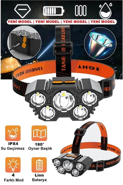 ellante 5 Led Ultra Güçlü Bisiklet Motorsiklet Avcı Balıkçı Kamp Çadır Tamirci Şarjlı Kafa Lambası El Feneri