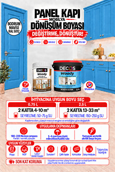 DECOS WOODY Bodrum Mavisi - Panel Kapı ve Panel Ahşap Boyası Su Bazlı Kokusuz...