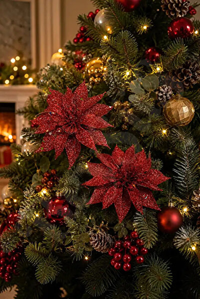 BeySüS Christmas Tree Ornament Glittery Red Artificial Flower 10 cm 2Pcs