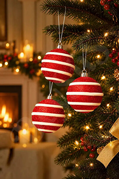 BeySüS Christmas Tree Ornament Red and White Curved Cici Ball 8 cm Set of 3