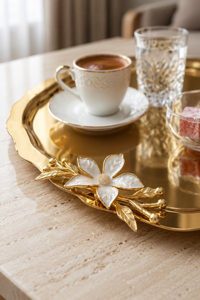 FABRIONA TEK TARAFLI GOLD 6’lı Paslanmaz Çelik Oval Mini Papatyalı Çay Kahve Sunum Söz Nişan Tepsisi 20x25 cm