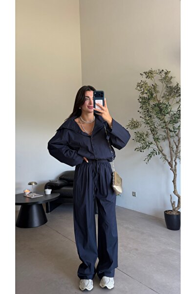 Bade Butik Navy blue elastic waist wide leg ria trousers
