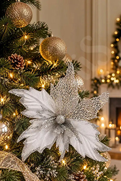 BeySüS Christmas Pine Tree Ornament Ponsetia Flower Large Silver