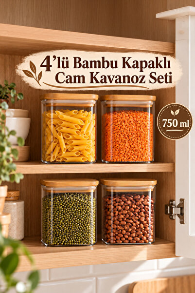 Porsima 5-4 Bambu Vakumlu Kapaklı Kare Borosilikat Cam 4lü Kavanoz Seti Sakla...