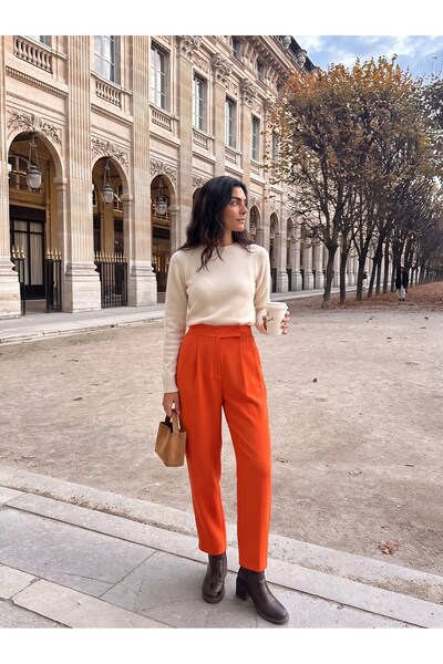 Juuuj Orange Woven Fabric High Waist Carrot Model Double Button Palazzo Form ...