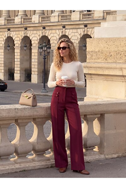 Juuuj Burgundy Woven Fabric High Waist Wide Leg Button Detailed Wide Cut Trou...