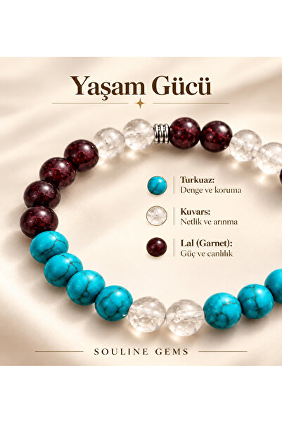 Yaşam Gücü Bilekliği - Kristal Kuvars, Garnet(Lal), Turkuaz