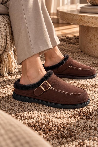 Platana Women's Suede Orthopedic Winter Slippers – Faux Fur and Ankle-Strap Buckle