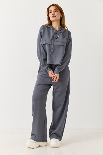 Juuuj Gray Modal Fabric Stretchy Textured High Waist Wide Leg Comfortable Cut...