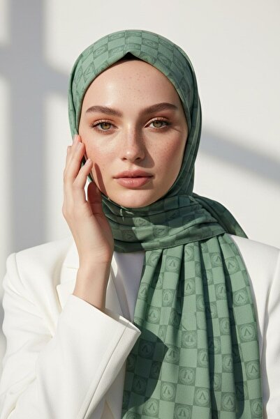 Vissona Krep Monogram Patterned Mold Green Colored 75X195 Stain-Proof Shawl