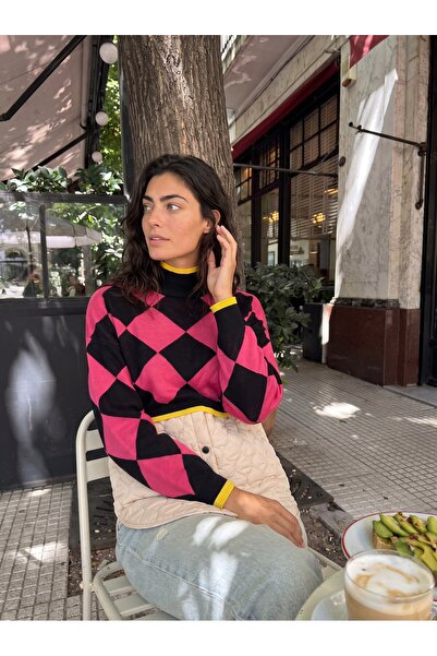 Juuuj Fuchsia Cotton Blend Half Turtleneck Off-Shoulder Quilted Plaid Pattern...