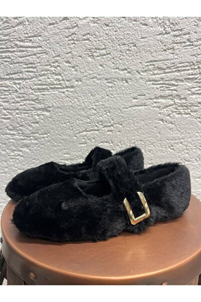 Beyond Women's Black Buckle Mary Jane Feathered Casual Ballerinas Byndmj003