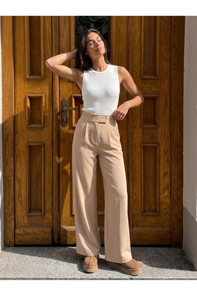 Juuuj Mink Flexible Textured High Waist Velcro Comfortable Palazzo Wide Leg P...
