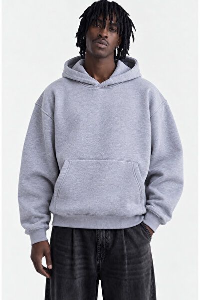 Oversize Basic Hoodie Kapüşonlu Sweatshirt Erkek Unisex - Gri Melanj