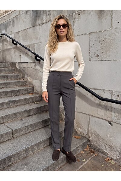 Juuuj Smoked Crepe Fabric High Waist Straight Cut Trousers with Zipper and Bu...