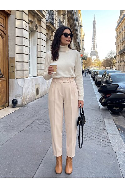 Juuuj Cream Woven Fabric Carrot Model Double Button Palazzo Wide Cut Trousers