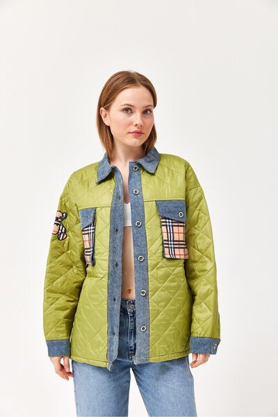 Generic Brand Jachetă matlasată cu nasturi, din țesătură de bumbac kaki, cu g...