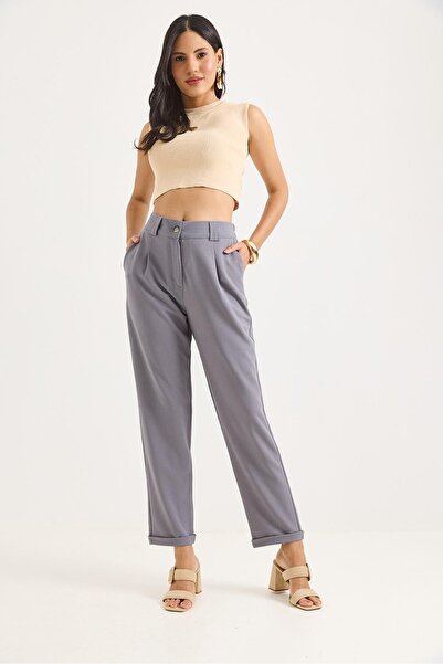 Juuuj Gray Polyester Fabric Comfortable Fit Pants with Elastic Waist and Fold...