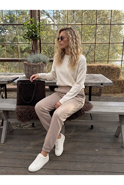 Juuuj Beige Three-Thread Stretch Fabric Thick Belted Elastic Waist Comfortabl...