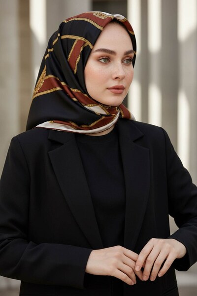 VİOLLA Twill Kemerli Ve Geometrik Desenli Turuncu - Siyah Renkli 90x90 Eşarp ...