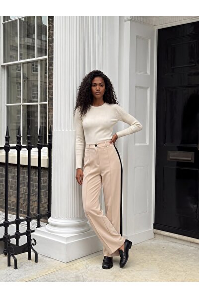 Juuuj Cream Polyester Fabric High Waist Wide Leg Pants with Side Stripe Detail