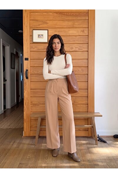Juuuj Mink Flexible Textured High Waist Palazzo Wide Leg Woven Trousers with ...